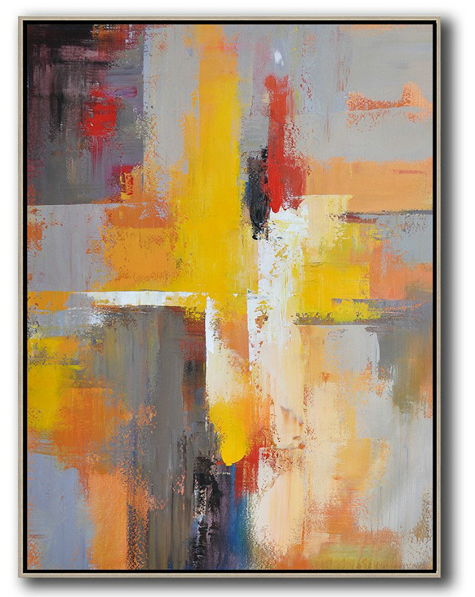 Handmade Acrylic Painting,Vertical Palette Knife Contemporary Art,Hand Paint Large Clean Modern Art,Yellow,Red,White,Violet Ash.etc
